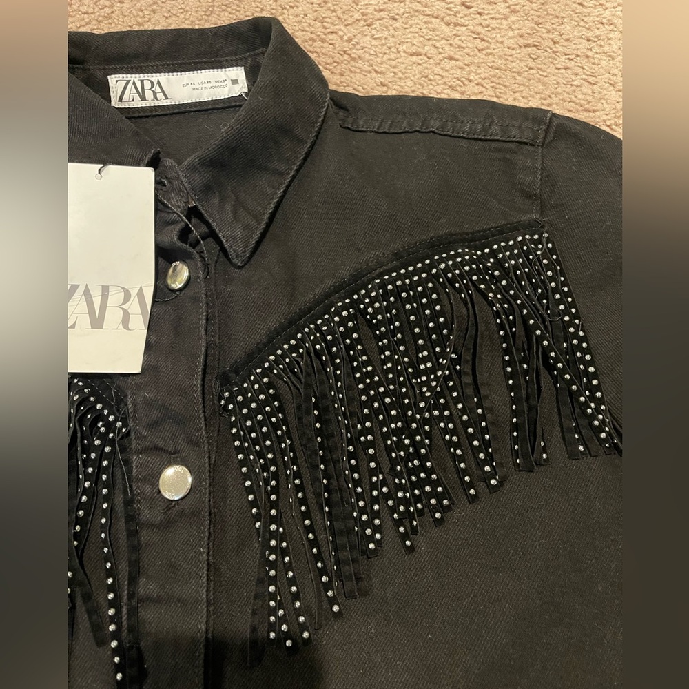 ZARA Studded Fringe Western Vibes Black Button-Down Denim  Jacket - Picture 4 of 10